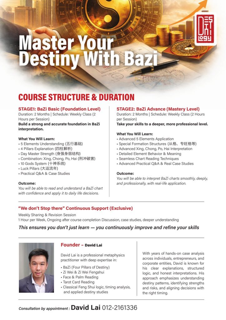 Master Your Destiny With BaZi course flyer: Stage 1 BaZi Basic and Stage 2 BaZi Advance
